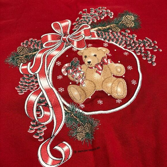 Vintage Christmas Red Mock Neck Sweatshirt Ugly Christmas Teddy Bear Made in USA - Picture 3 of 7